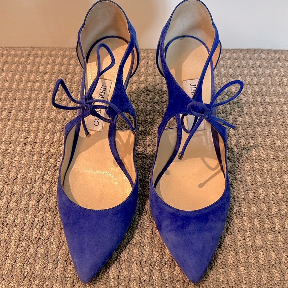 Jimmy Choo Blue Suede Pumps w/ Leather Ankle Tie - size 39